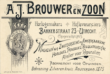710532 Visitekaart van A.J. Brouwer en Zoon, Horlogemakers, Bakkerstraat 23 te Utrecht.